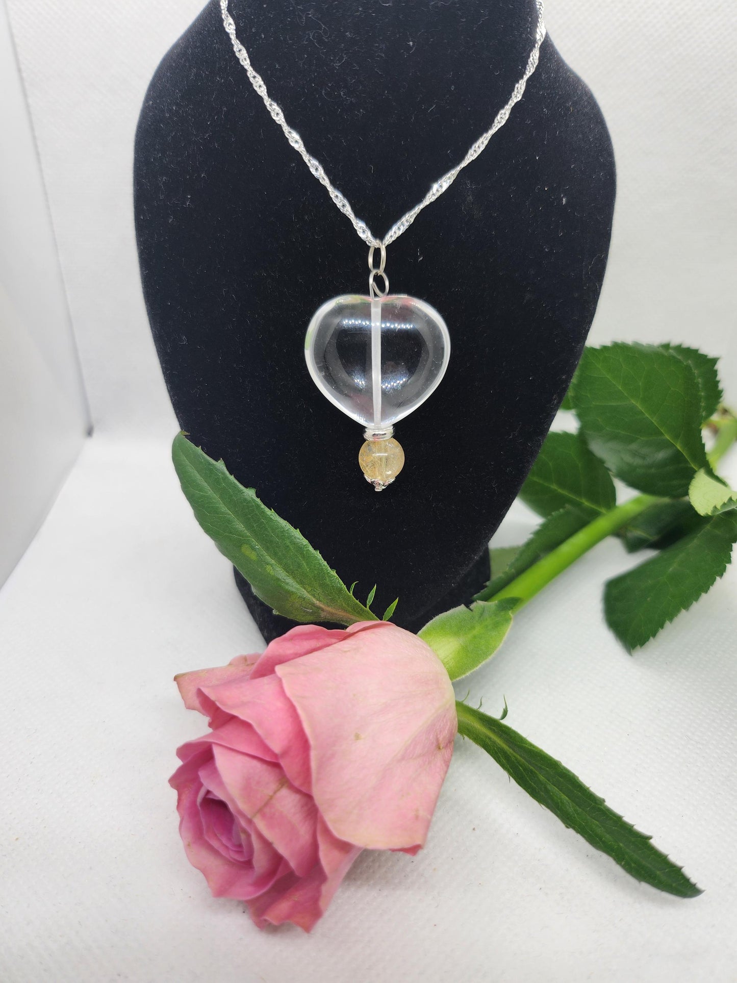 Clear Quartz Heart and Rose Bead Pendant