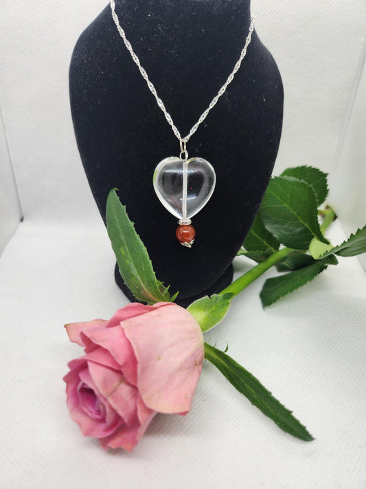 Clear Quartz Heart and Rose Bead Pendant