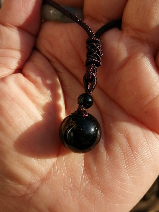 Black Obsidian Mini Sphere Protection Macrame Pendant