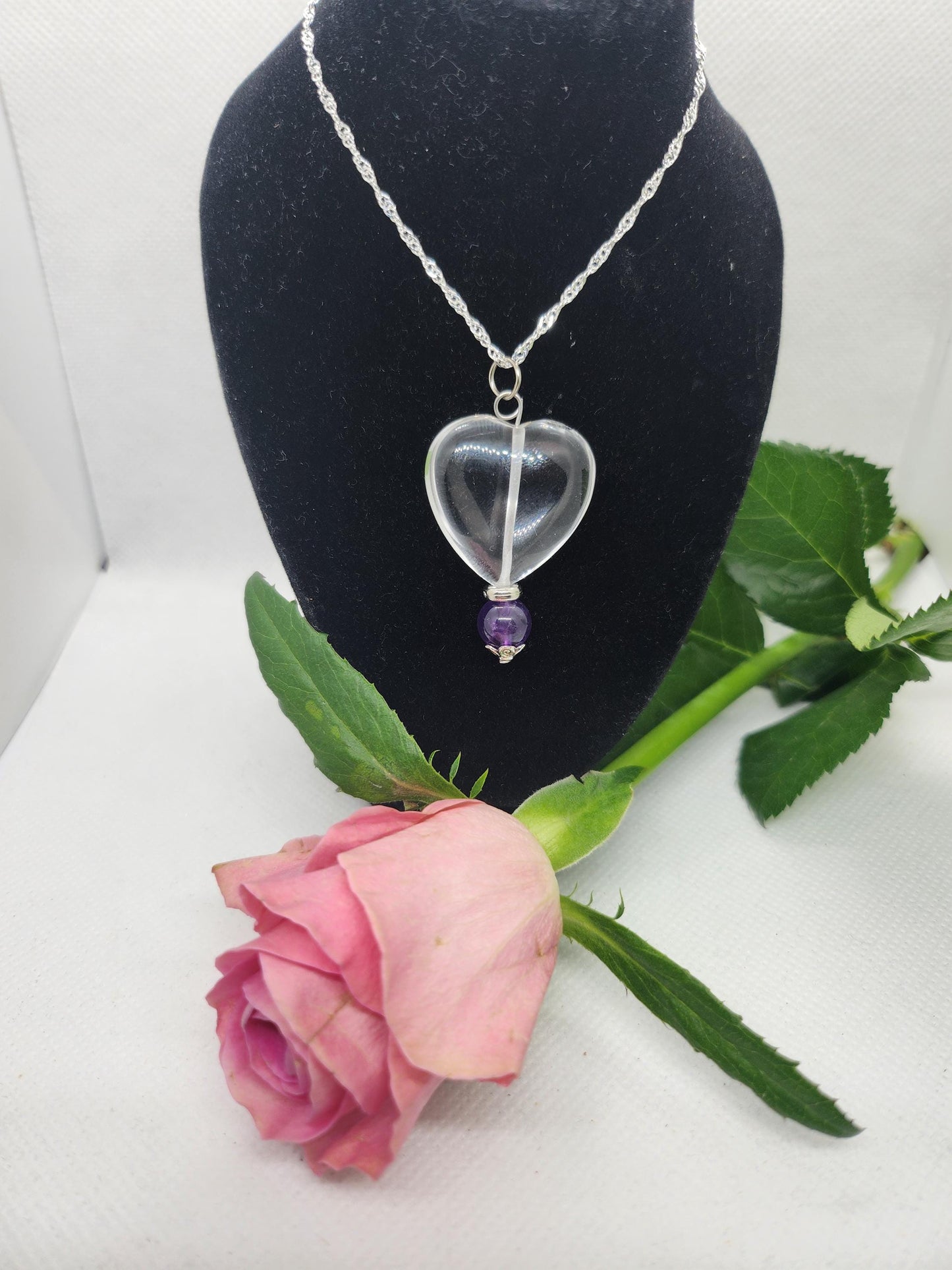 Clear Quartz Heart and Rose Bead Pendant