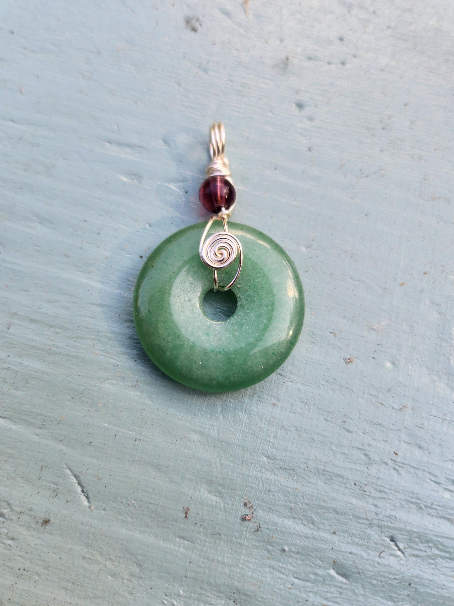 Green Aventurine Donut and Garnet Bead Pendant