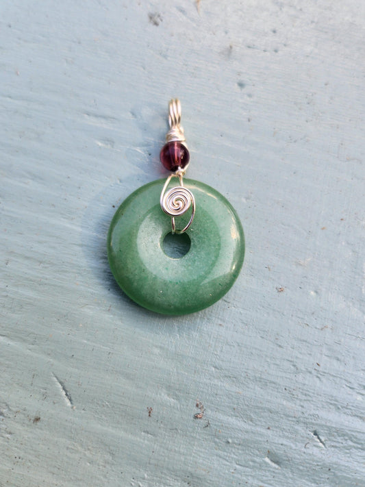 Green Aventurine Donut and Garnet Bead Pendant