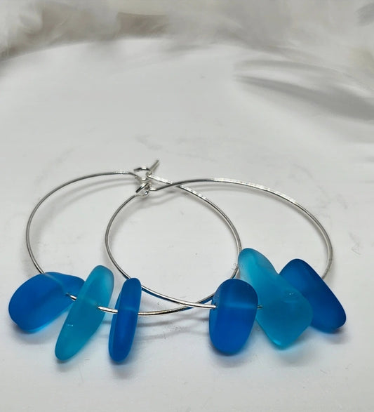 Blue Seaglass Silver Hoop Earrings