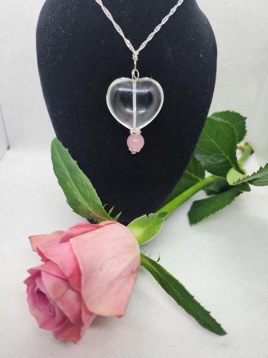 Clear Quartz Heart and Rose Bead Pendant