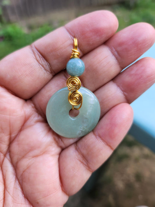 Green Aventurine Donut and Burmese Jade Bead Pendant