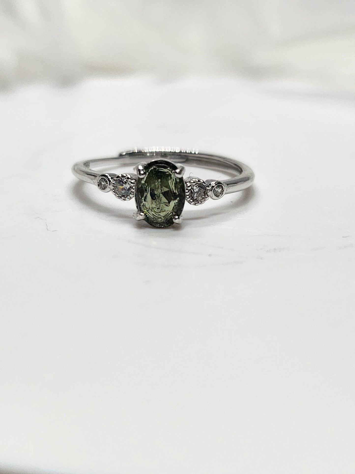 High Quality Moldavite 925 Silver Ring with Cubic Zirconias