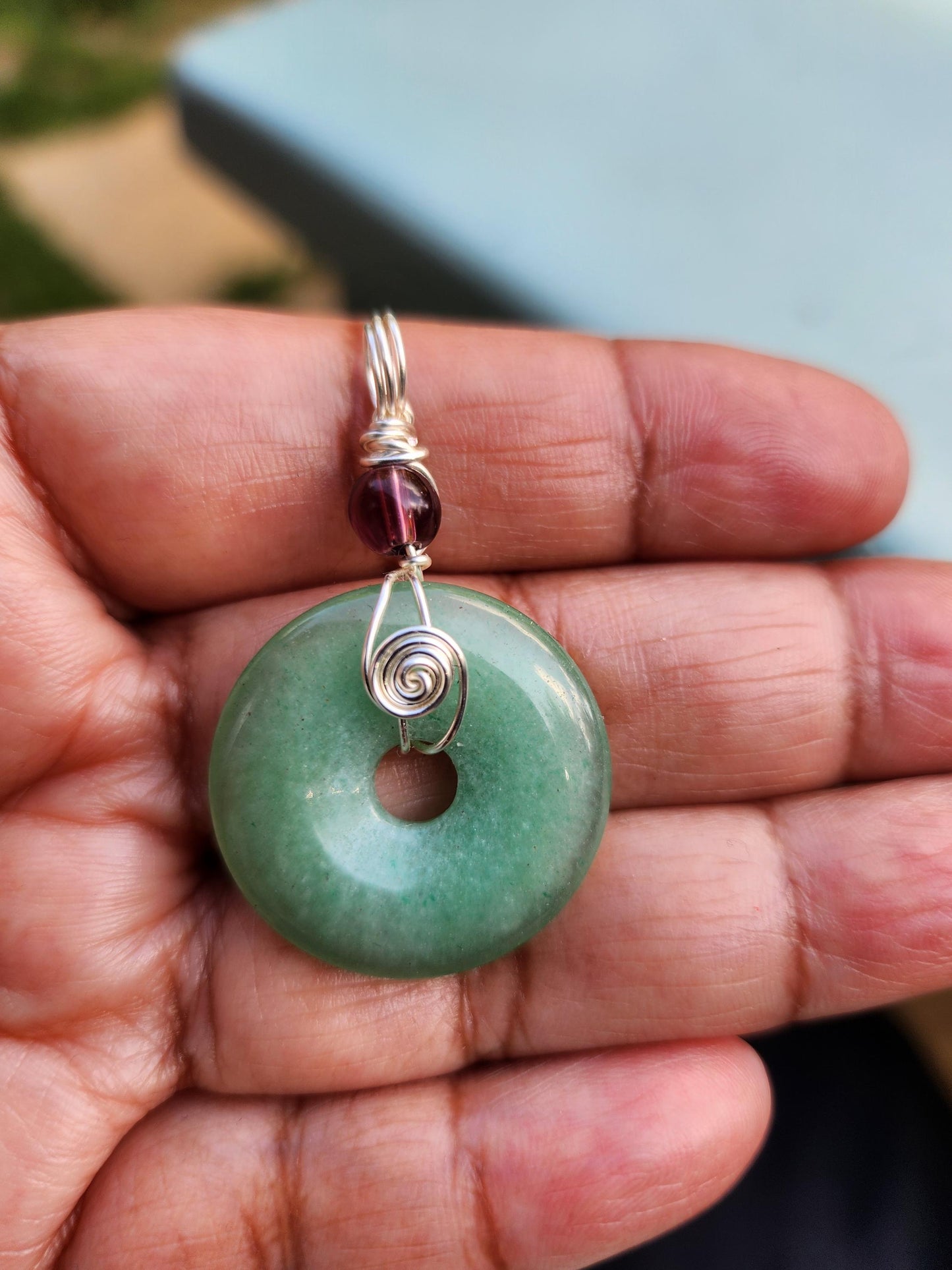 Green Aventurine Donut and Garnet Bead Pendant