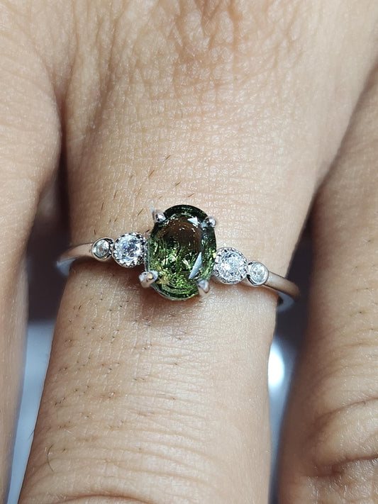 High Quality Moldavite 925 Silver Ring with Cubic Zirconias