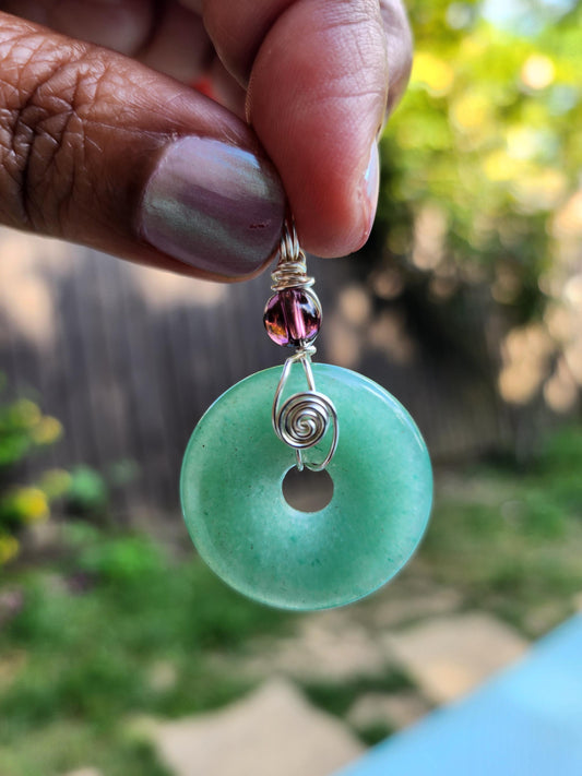 Green Aventurine Donut and Garnet Bead Pendant