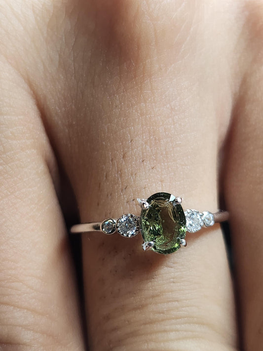 High Quality Moldavite 925 Silver Ring with Cubic Zirconias
