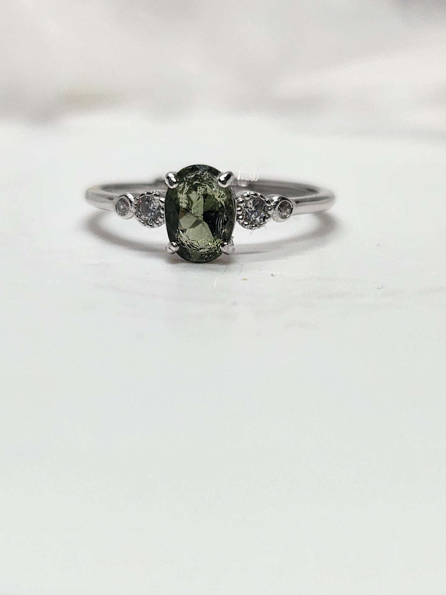 High Quality Moldavite 925 Silver Ring with Cubic Zirconias