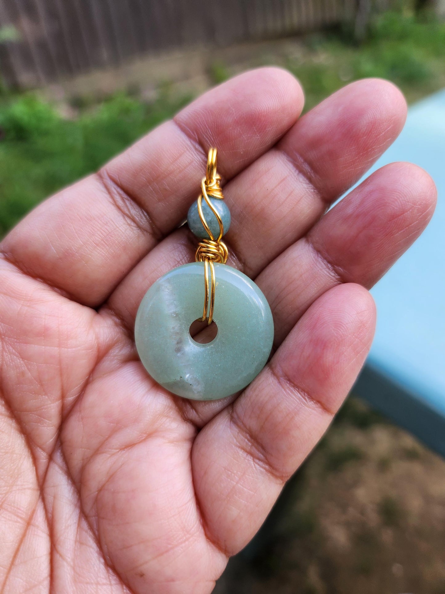 Green Aventurine Donut and Burmese Jade Bead Pendant