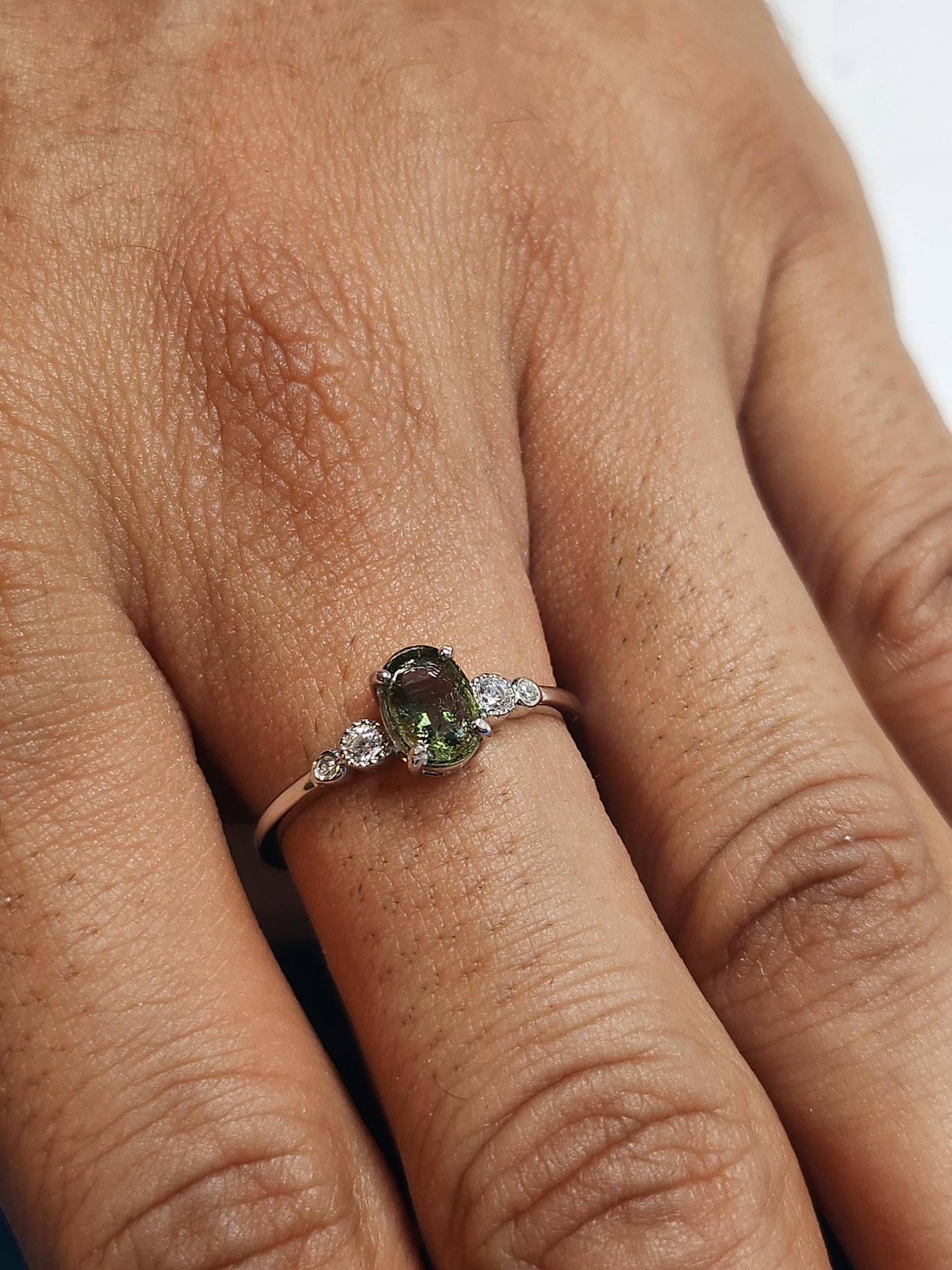 High Quality Moldavite 925 Silver Ring with Cubic Zirconias