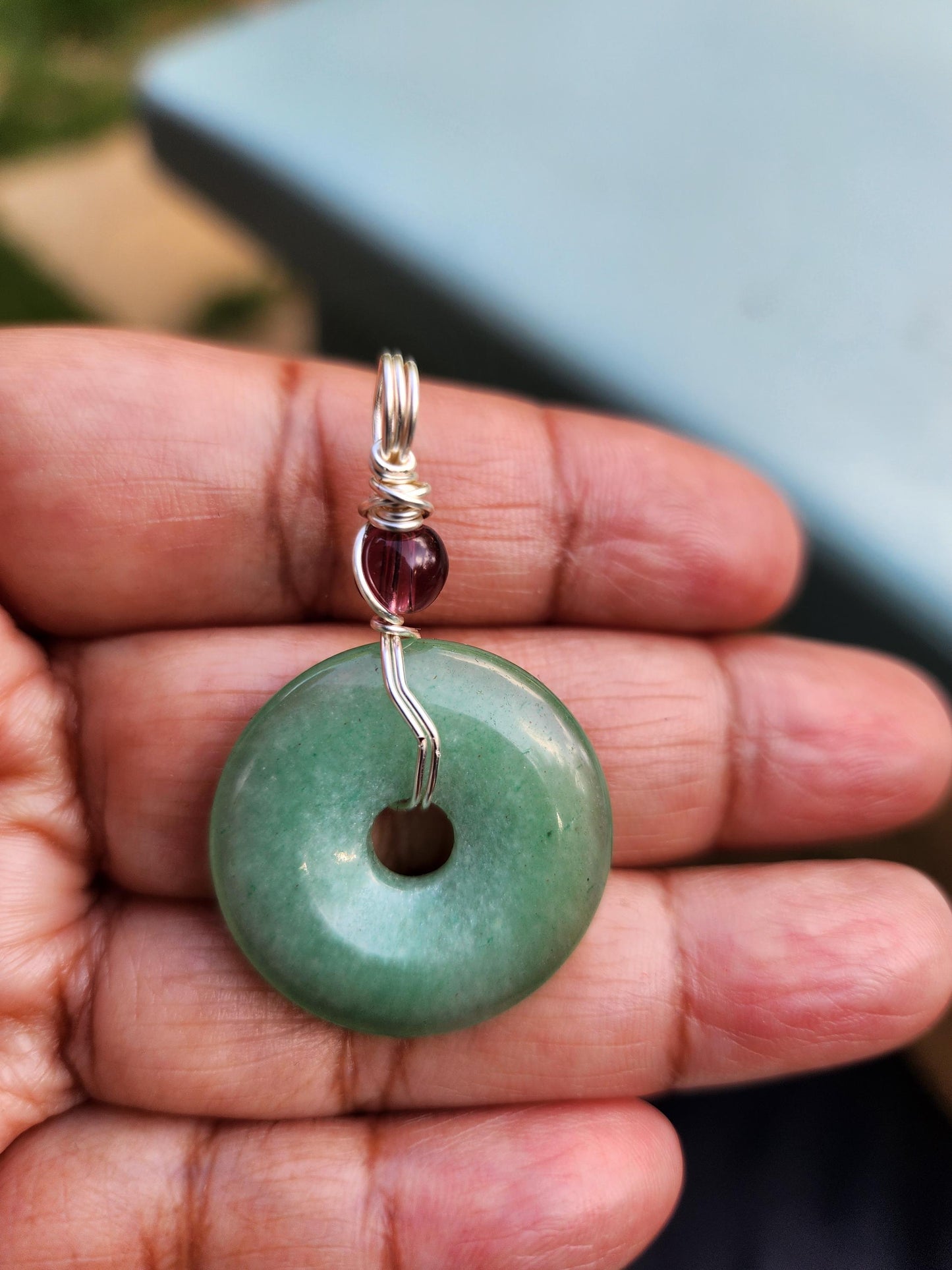 Green Aventurine Donut and Garnet Bead Pendant