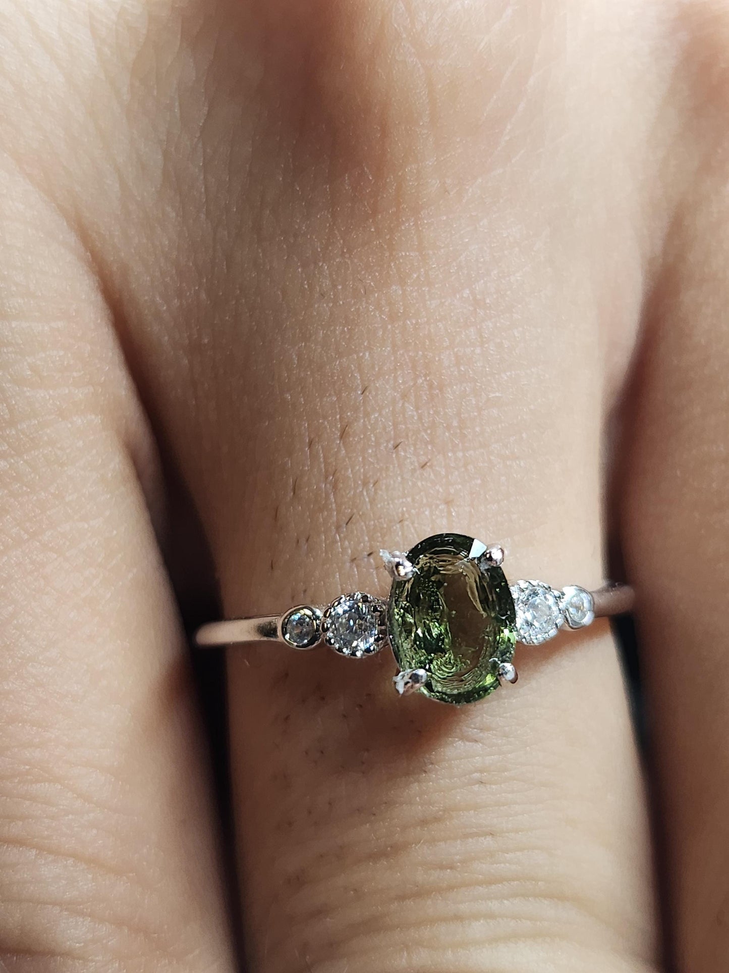 High Quality Moldavite 925 Silver Ring with Cubic Zirconias