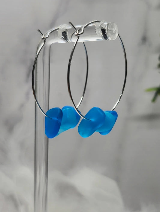 Blue Seaglass Silver Hoop Earrings